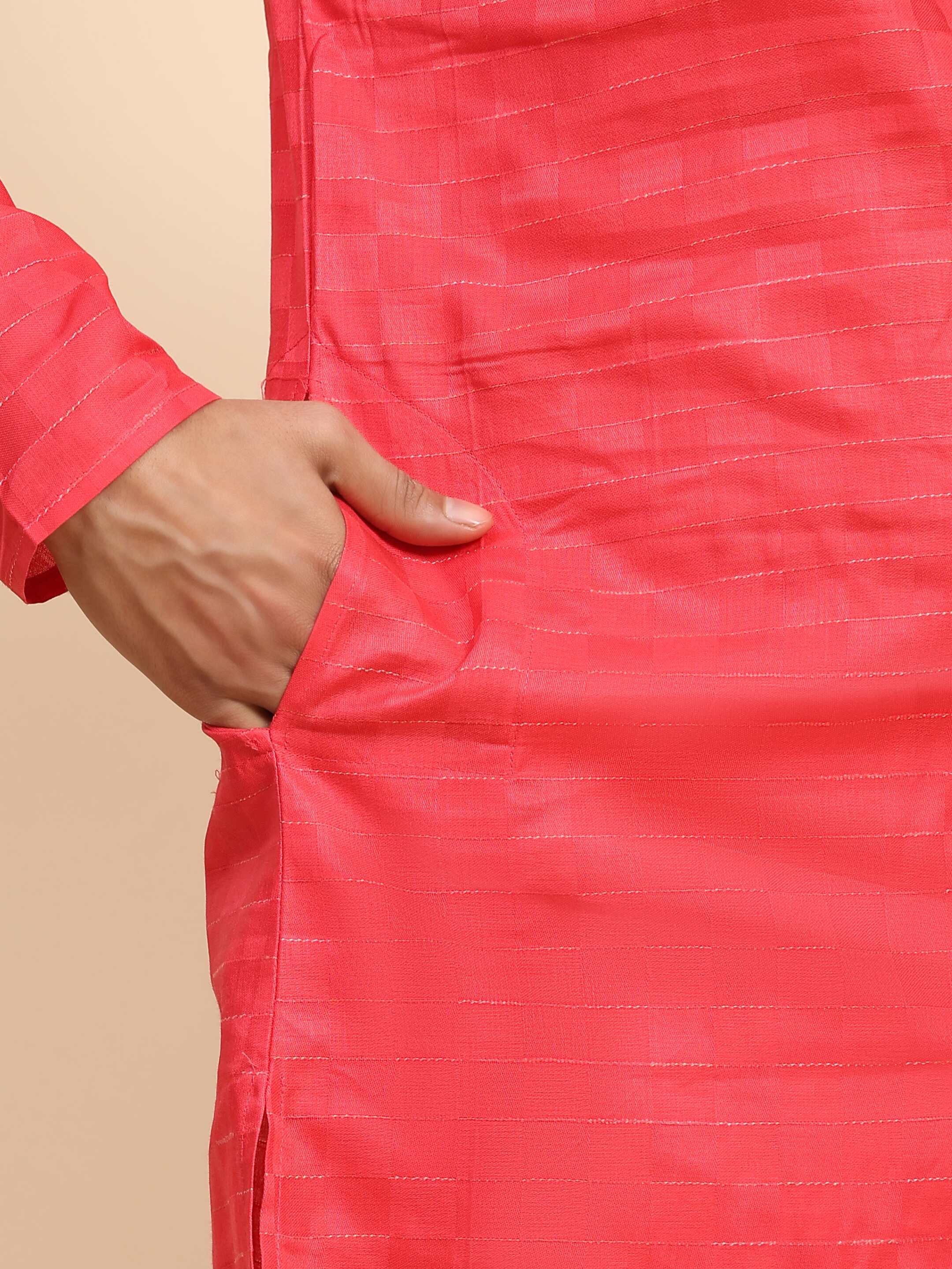 Men's Pinkish Red Pure Cotton Full Weaved Kurta Pajama Set