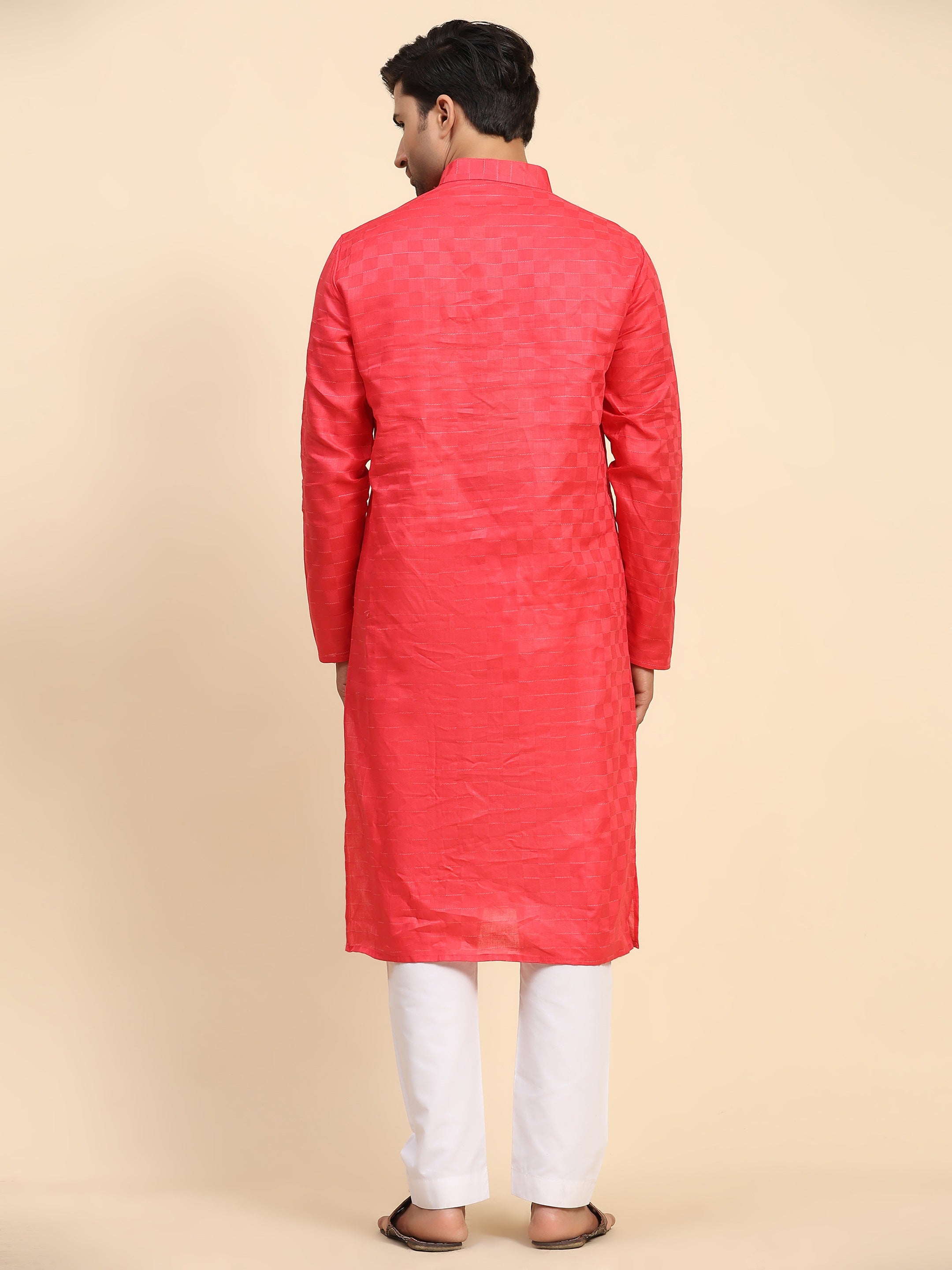 Men's Pinkish Red Pure Cotton Full Weaved Kurta Pajama Set