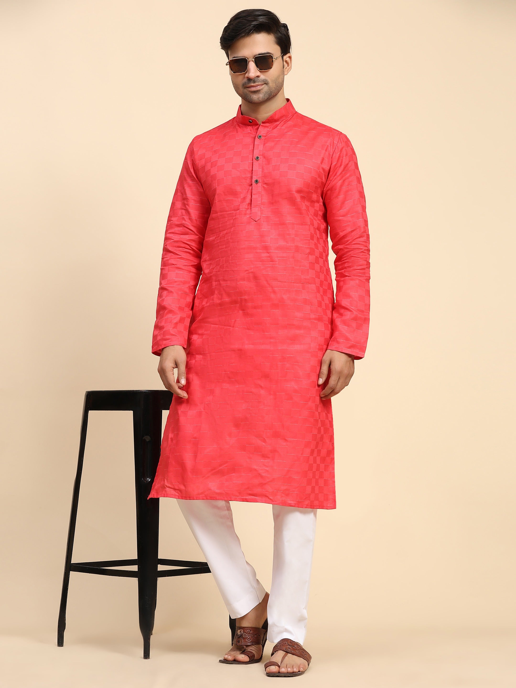 Men's Pinkish Red Pure Cotton Full Weaved Kurta Pajama Set