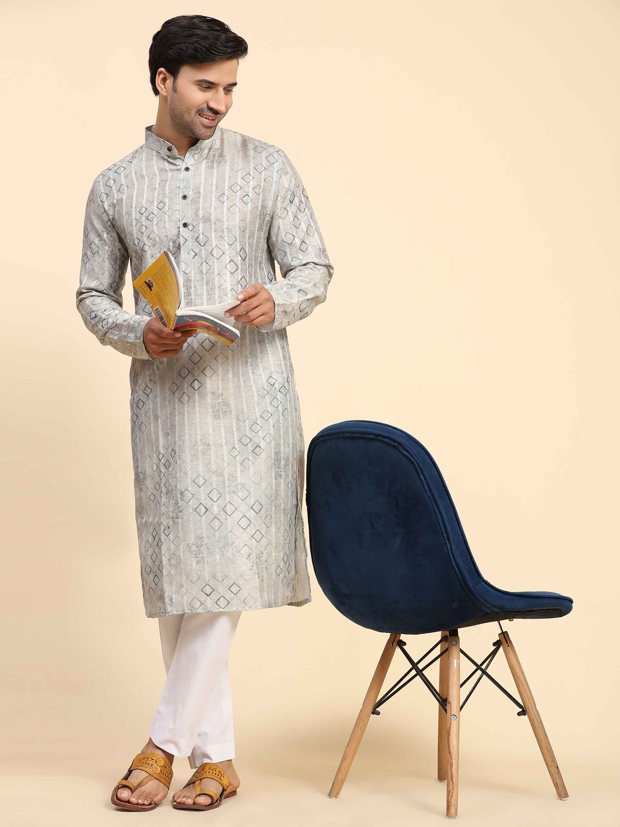 Men's Grey Cotton Digital Printed Kurta Pajama Set