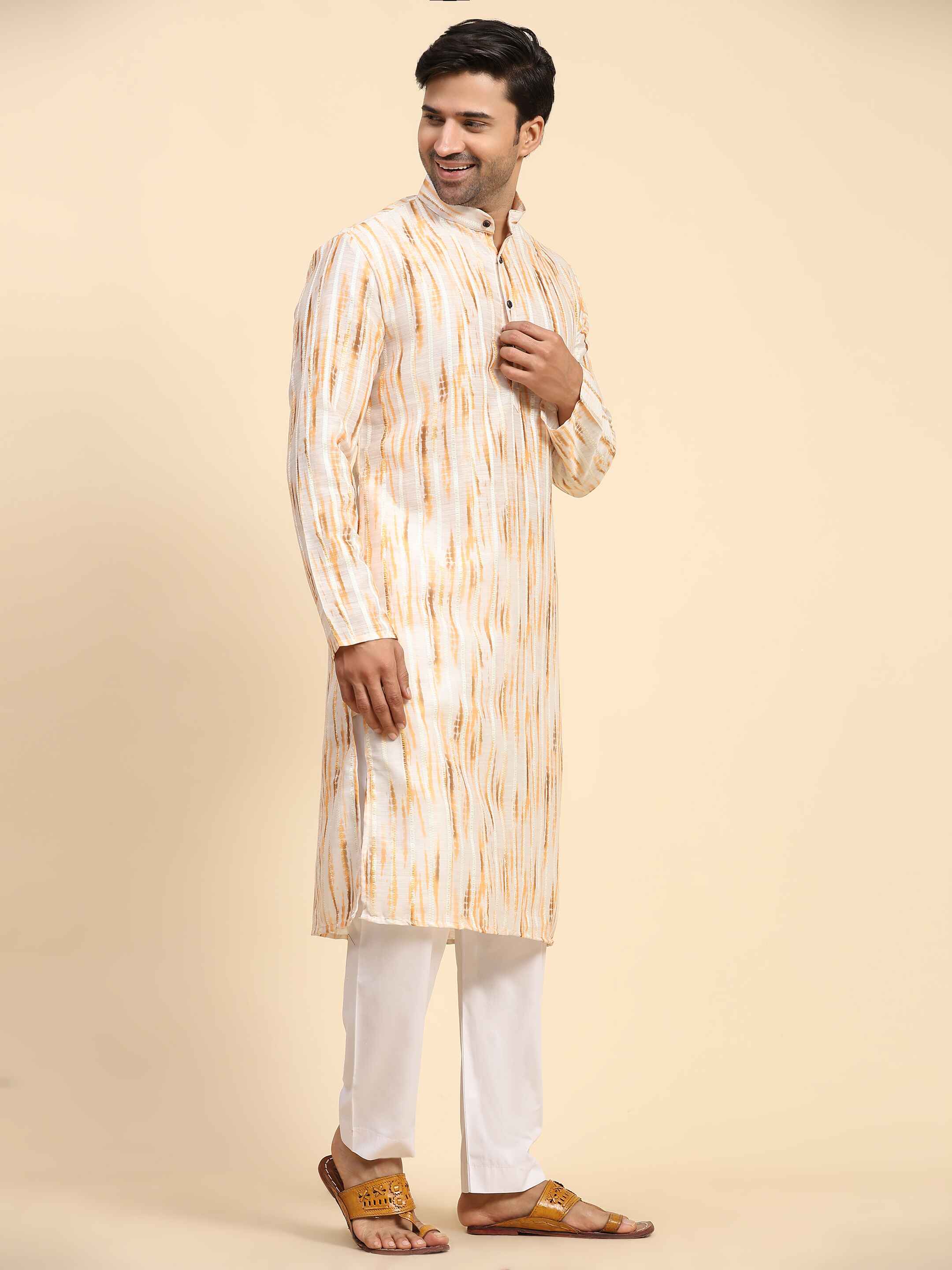 Men's Yellow Cotton Digital Print Kurta Pajama Set