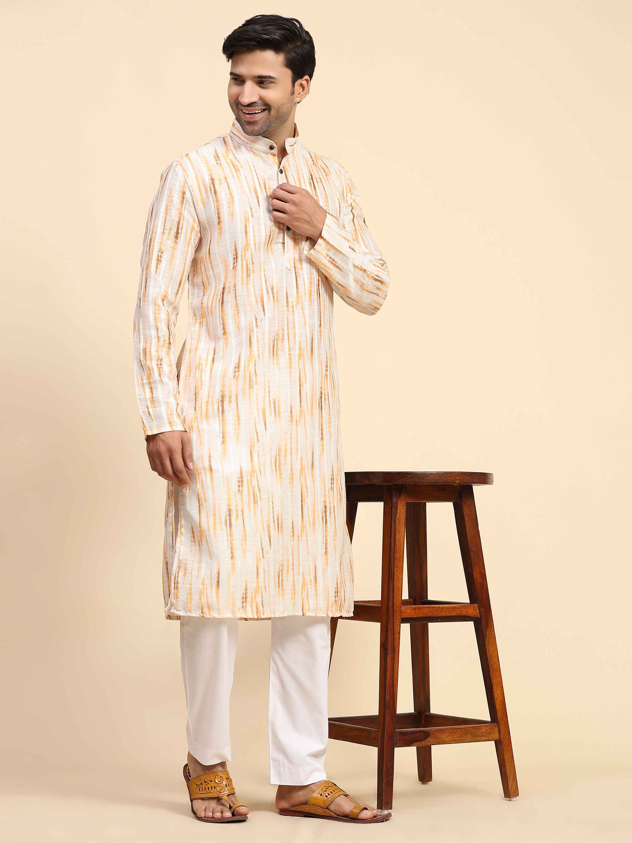 Men's Yellow Cotton Digital Print Kurta Pajama Set