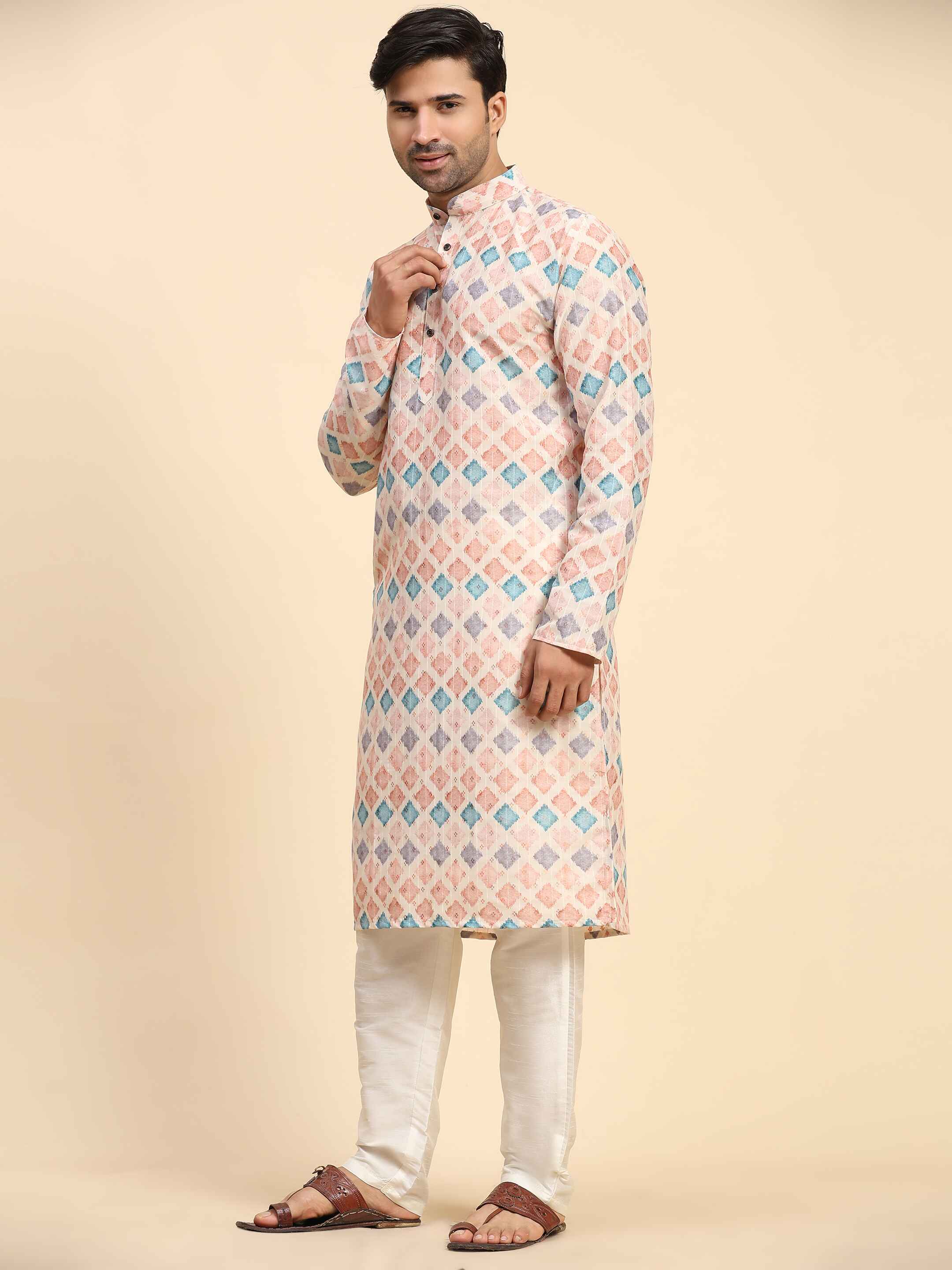 Ensemble pyjama Kurta à imprimé numérique en coton multicolore Rado pour homme 