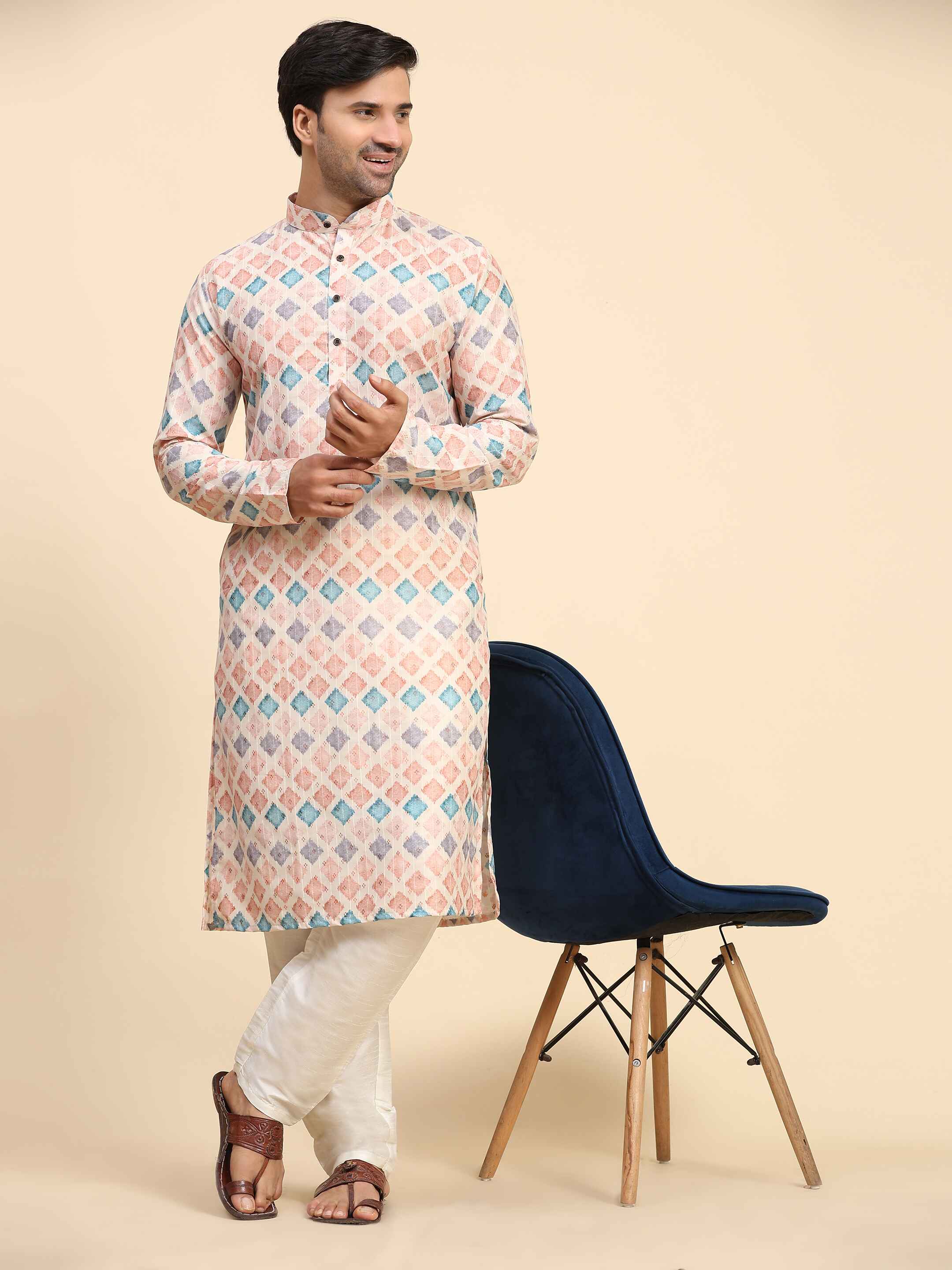 Ensemble pyjama Kurta à imprimé numérique en coton multicolore Rado pour homme 