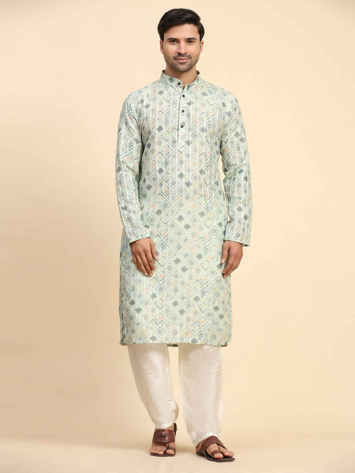 Men's Light Green Rado Cotton Digital Printed Kurta Pajama Set