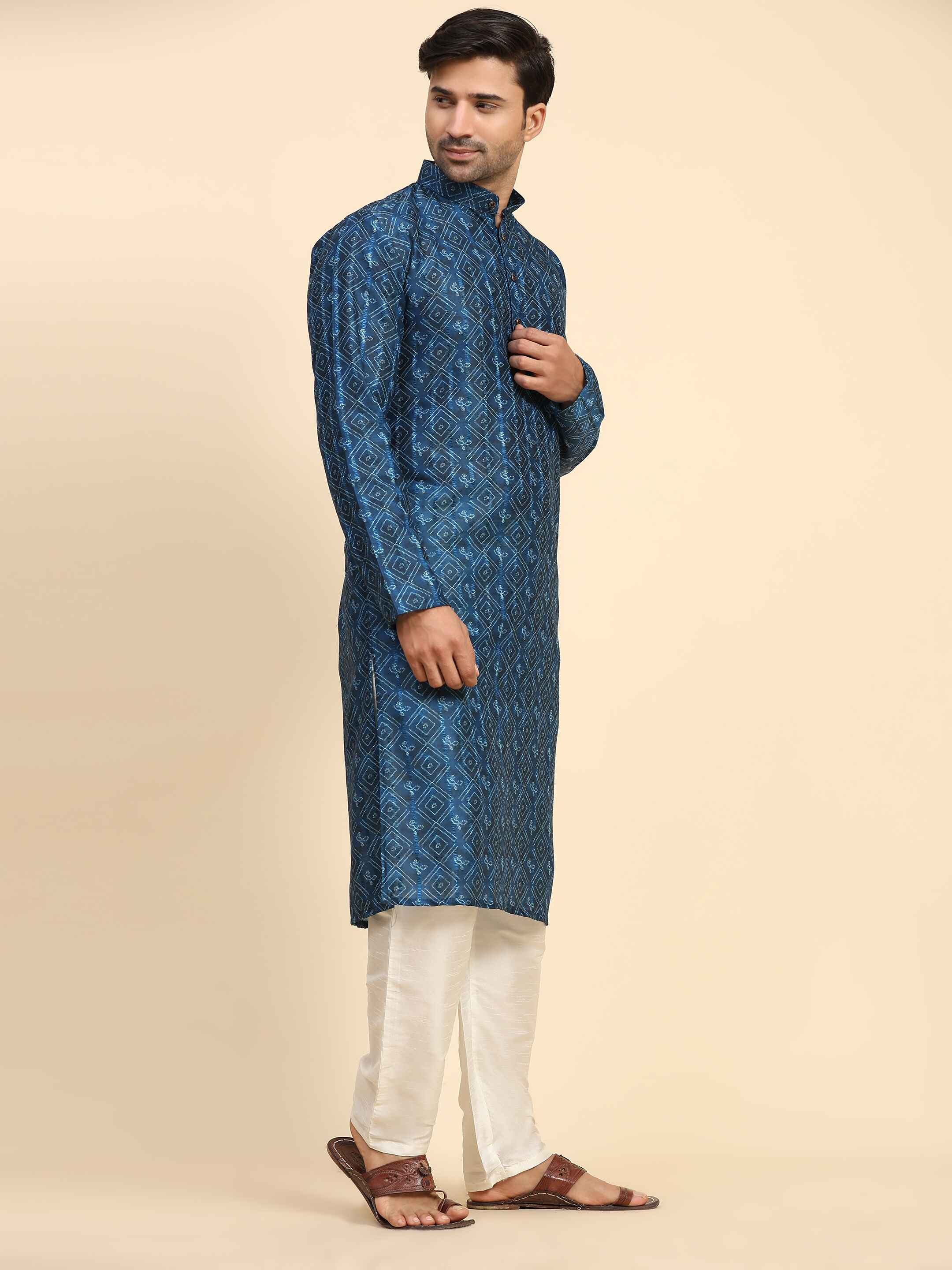 Men's Blue Cotton Full Digital Work Kurta Pajama Set