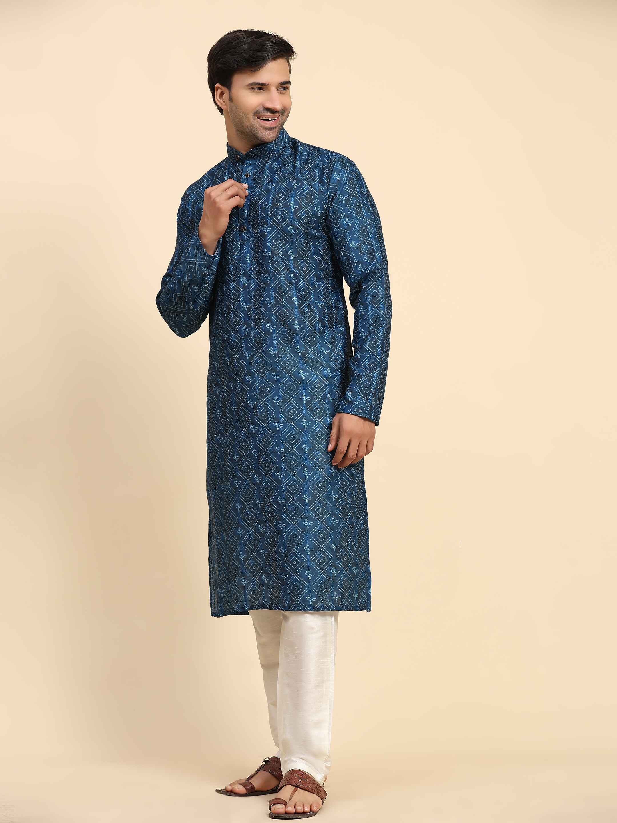 Men's Blue Cotton Full Digital Work Kurta Pajama Set