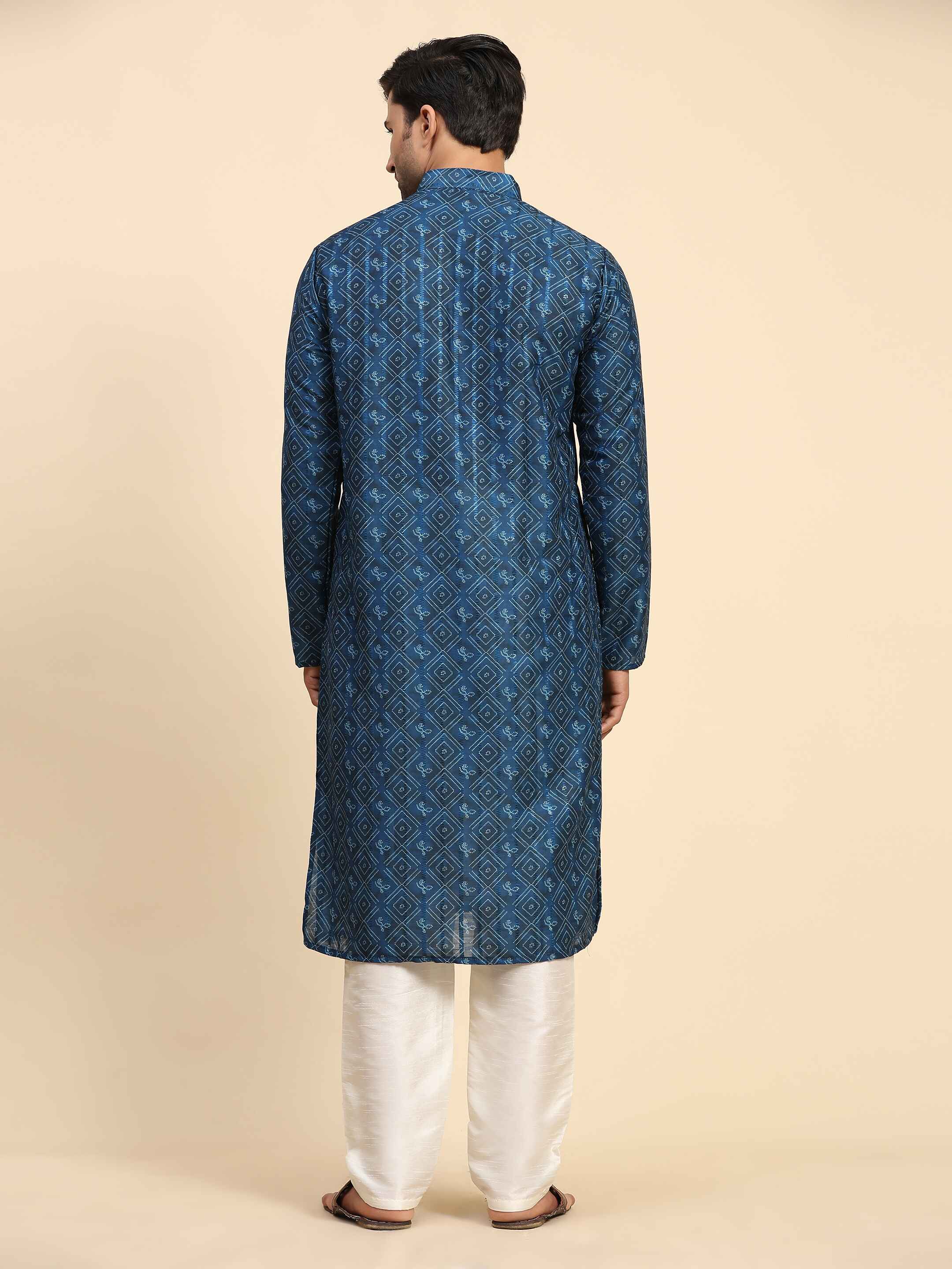 Men's Blue Cotton Full Digital Work Kurta Pajama Set