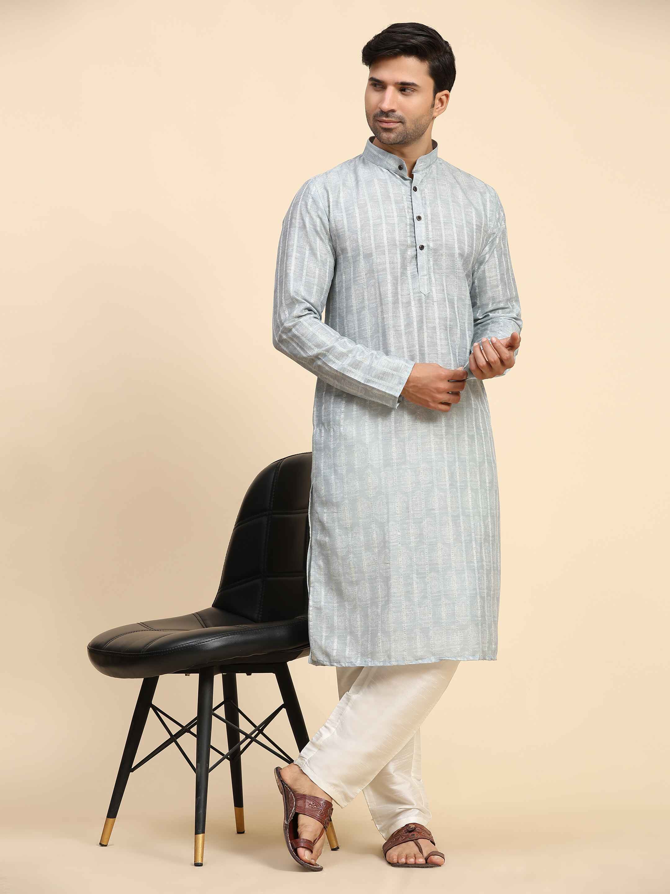 Men's Grey Rado Cotton  Digital Print Kurta Pajama Set