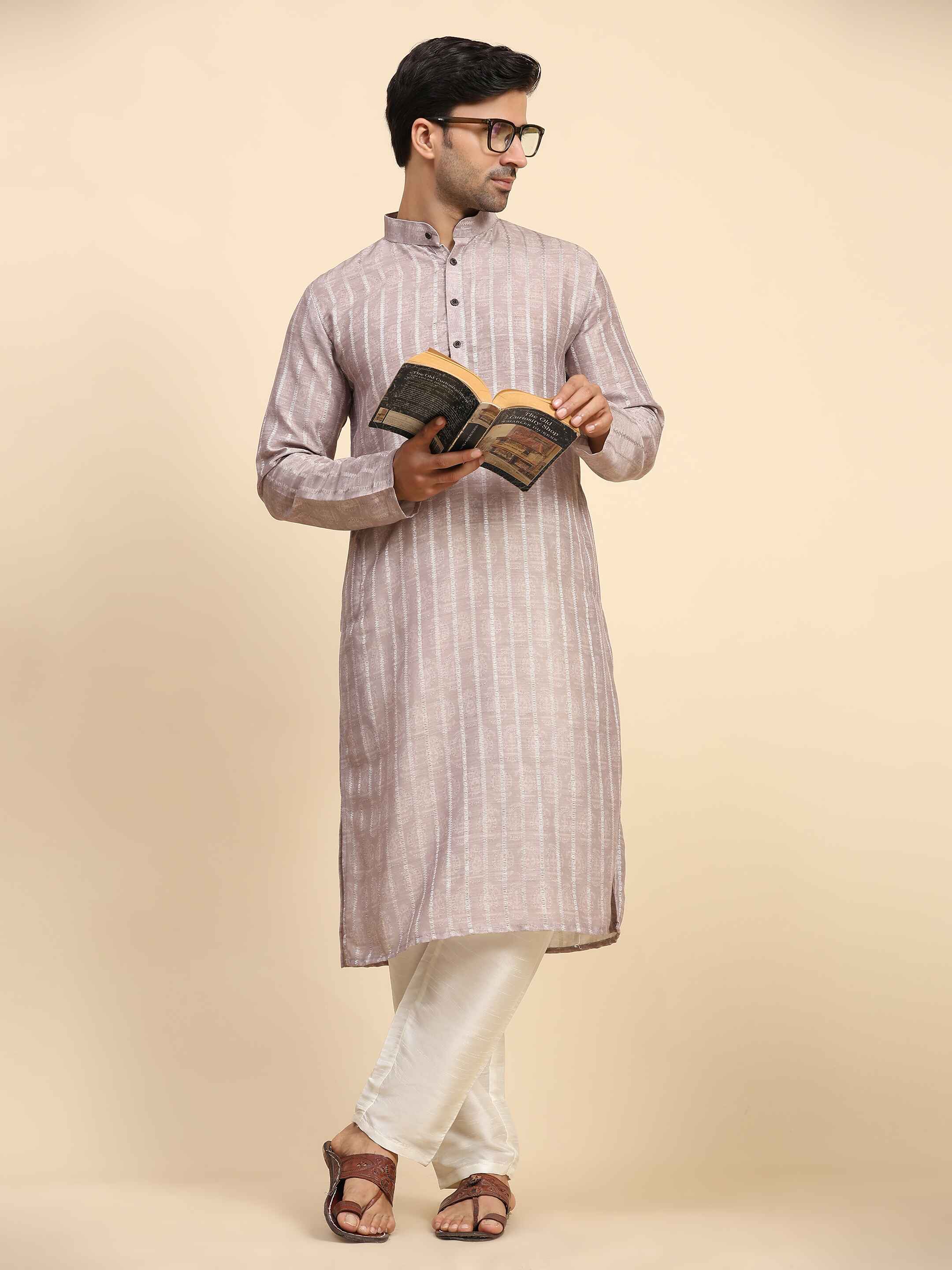 Men's Dusty Pink Rado Cotton Digital Print Kurta Pajama Set