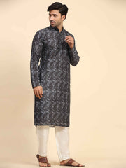 Men's Black Cotton Digital Printed Kurta Pajama Set