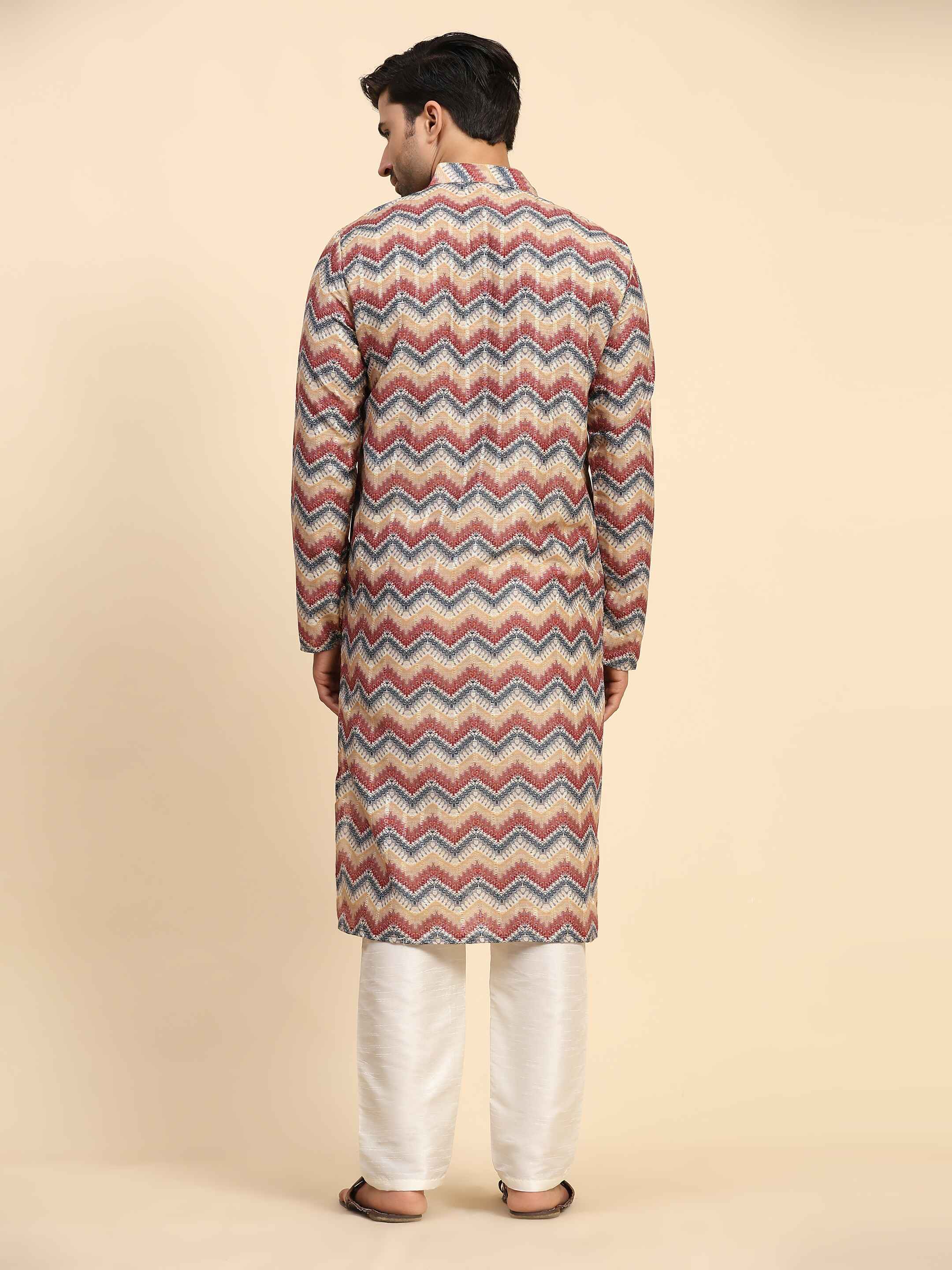 Men's Multi Chevron Print Cotton Kurta Pajama Set