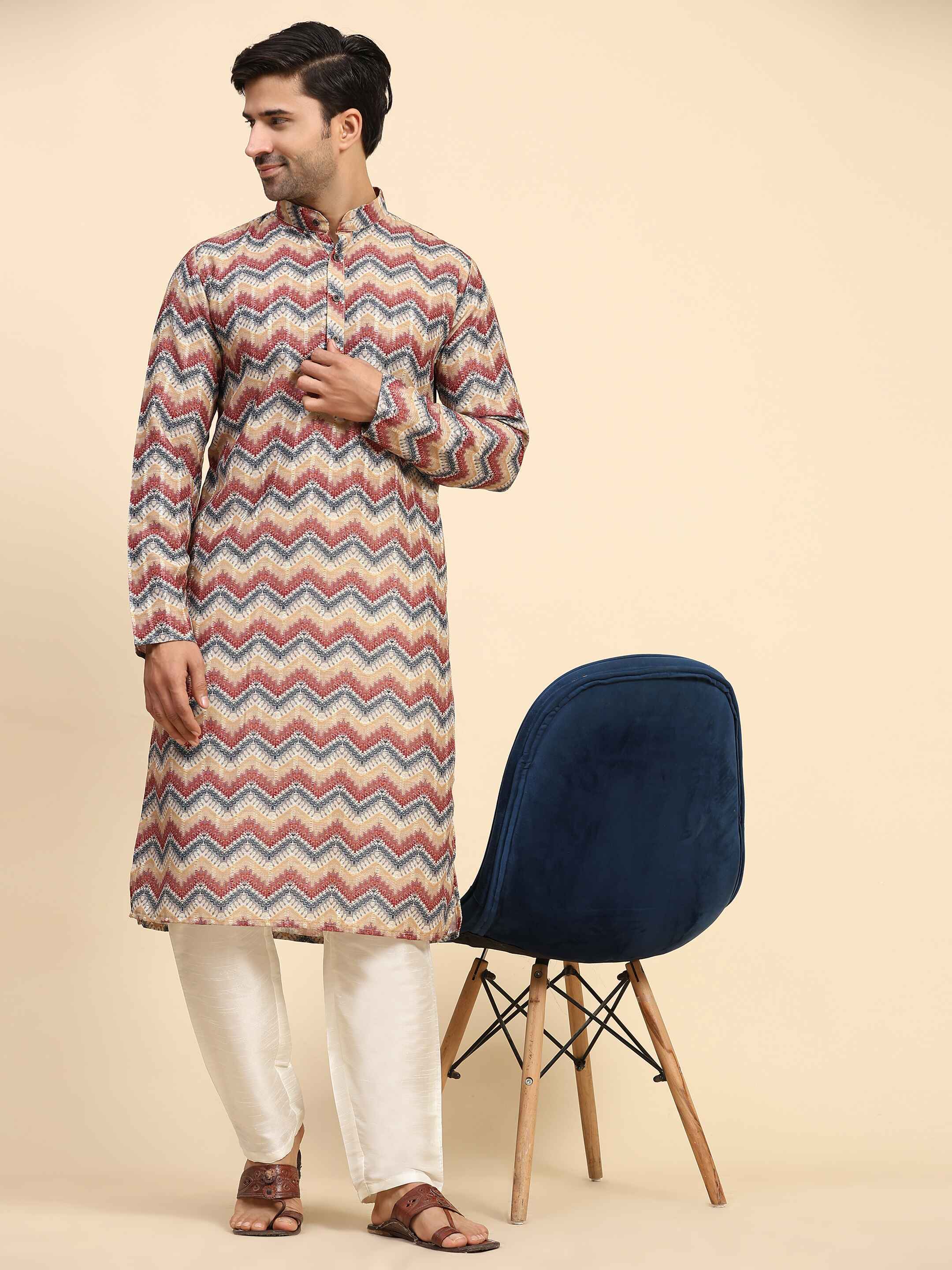 Men's Multi Chevron Print Cotton Kurta Pajama Set