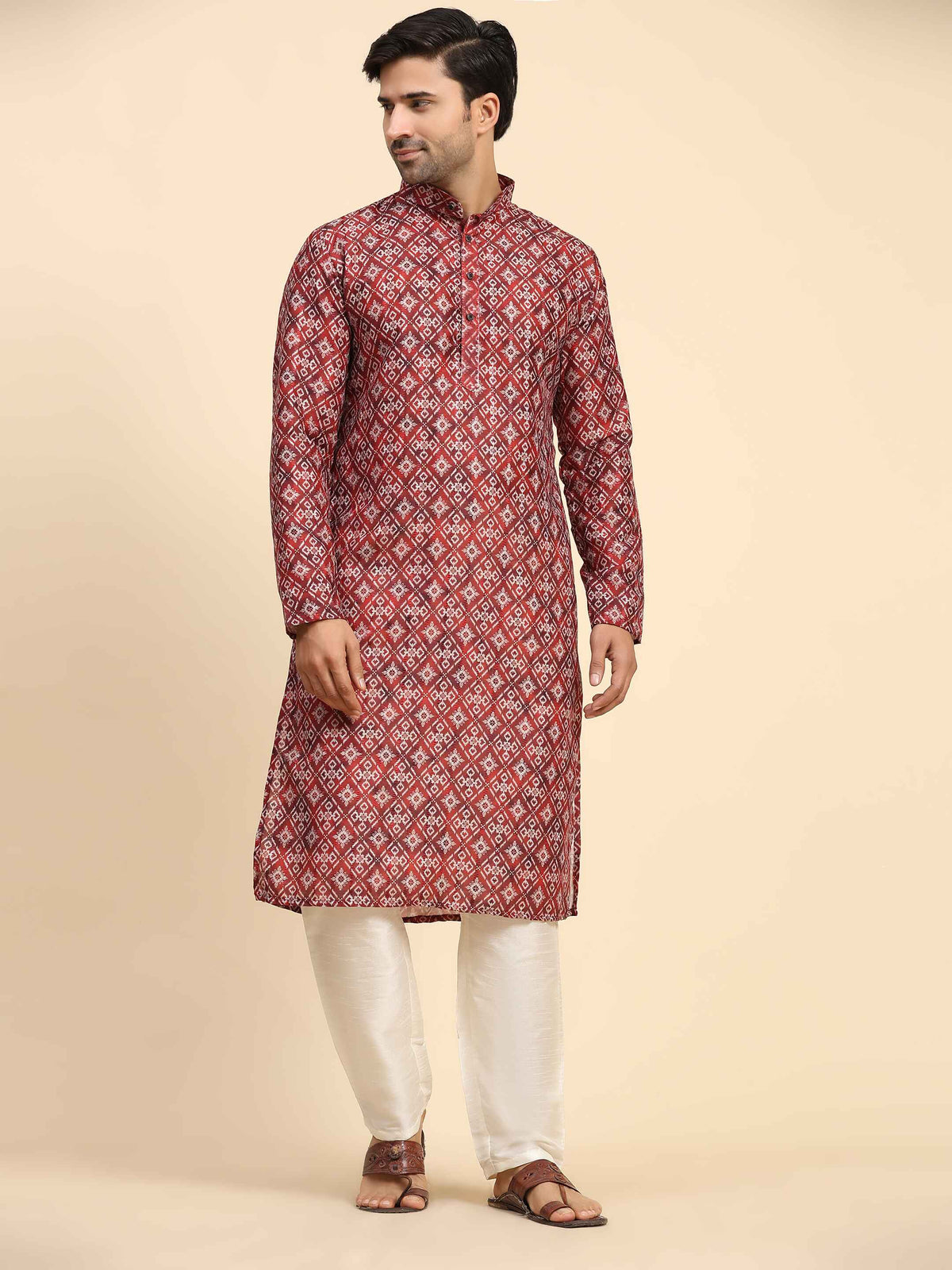 Men's Red Rado Cotton Digital Printed Kurta Pajama Set