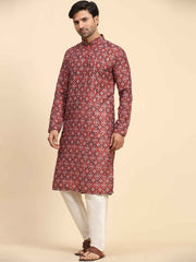 Men's Red Rado Cotton Digital Printed Kurta Pajama Set