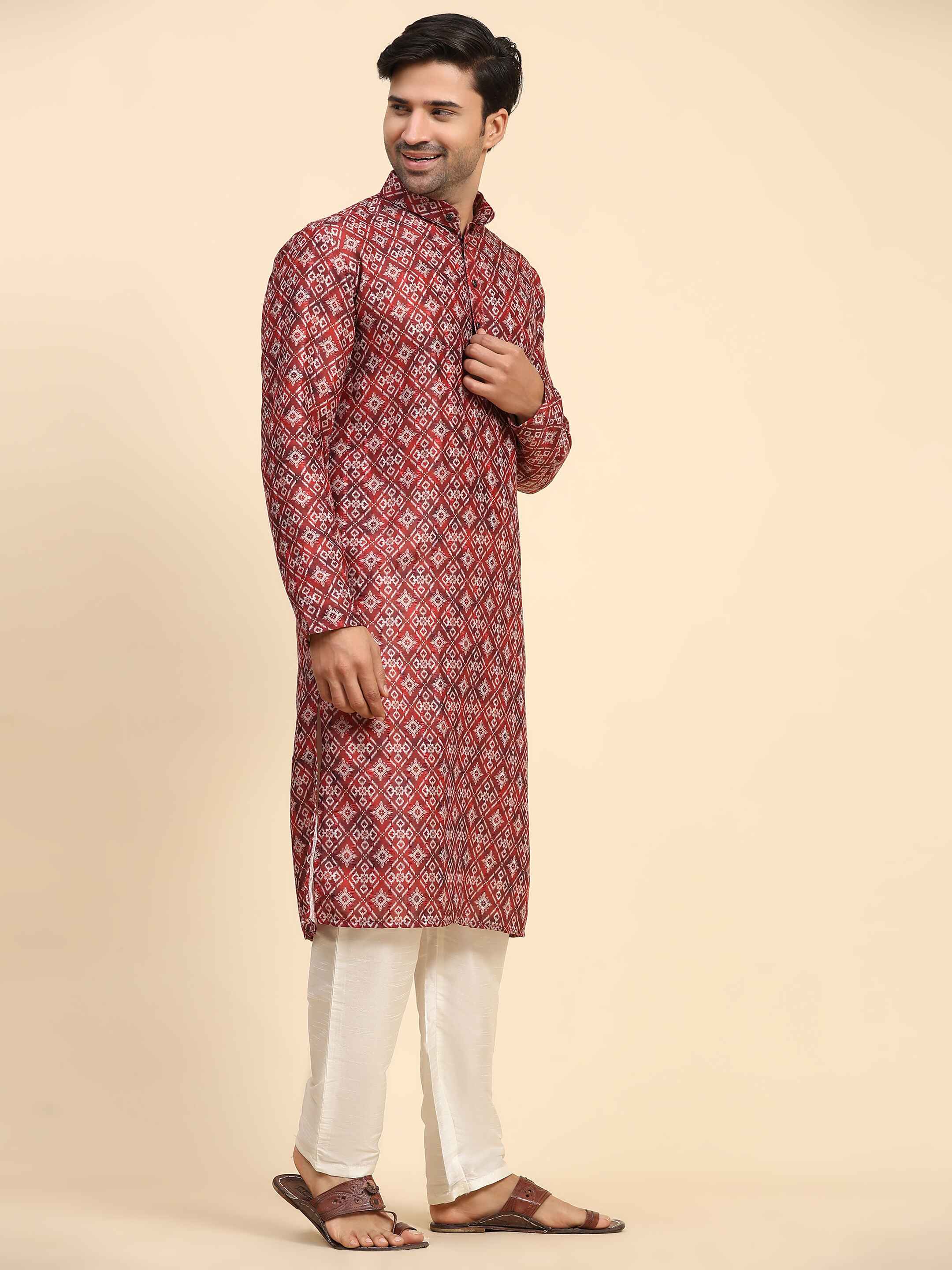 Men's Red Rado Cotton Digital Printed Kurta Pajama Set