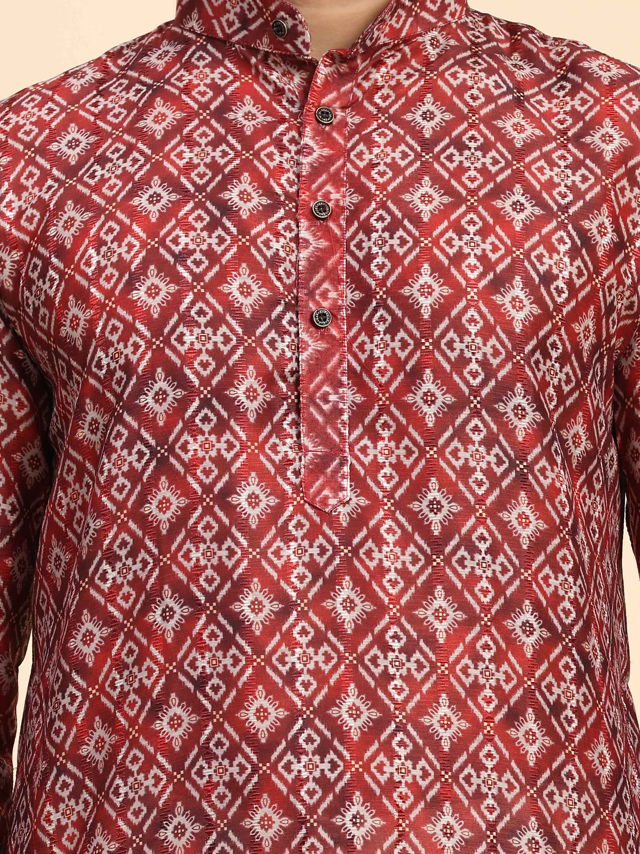 Men's Red Rado Cotton Digital Printed Kurta Pajama Set