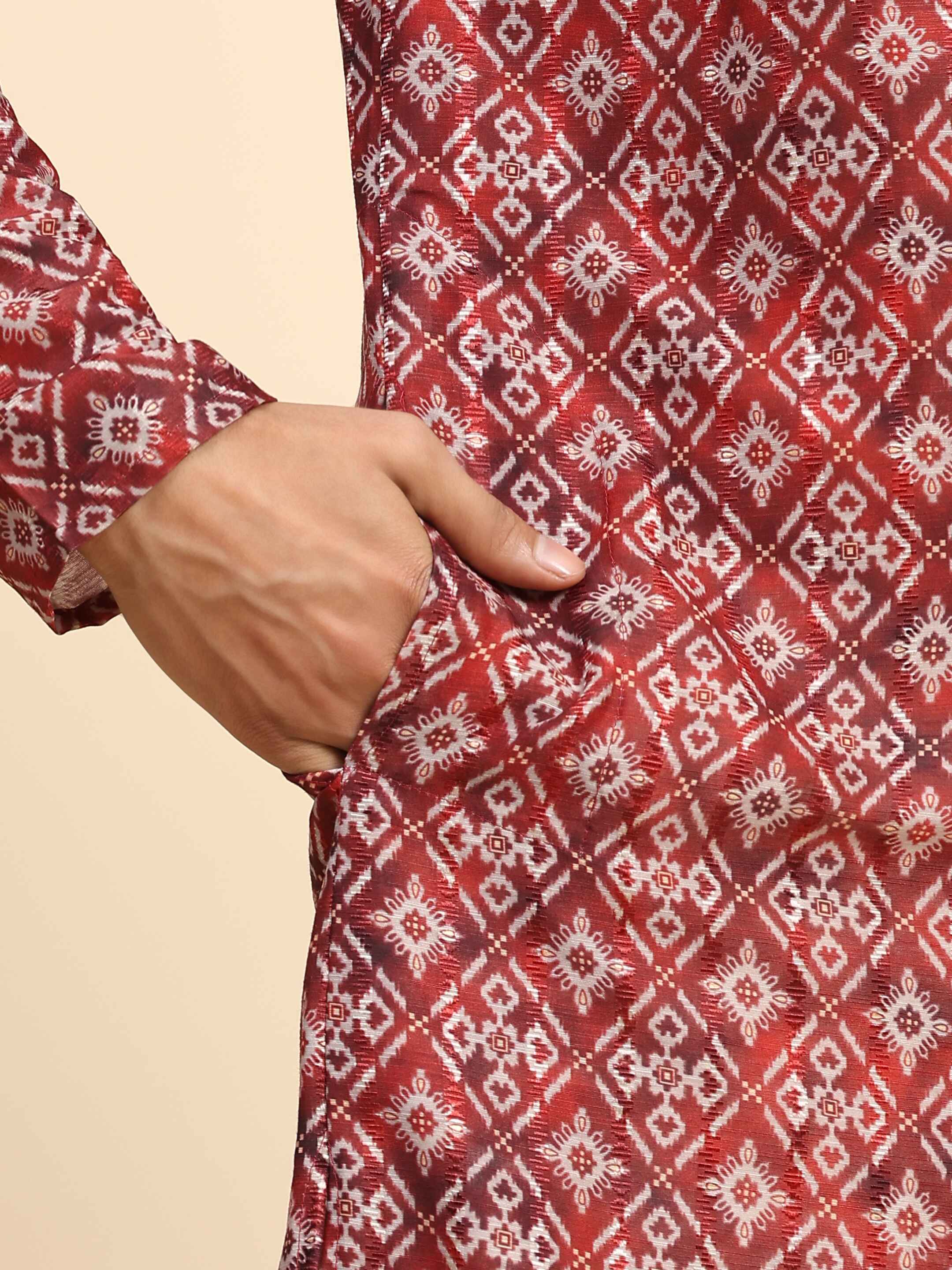 Men's Red Rado Cotton Digital Printed Kurta Pajama Set