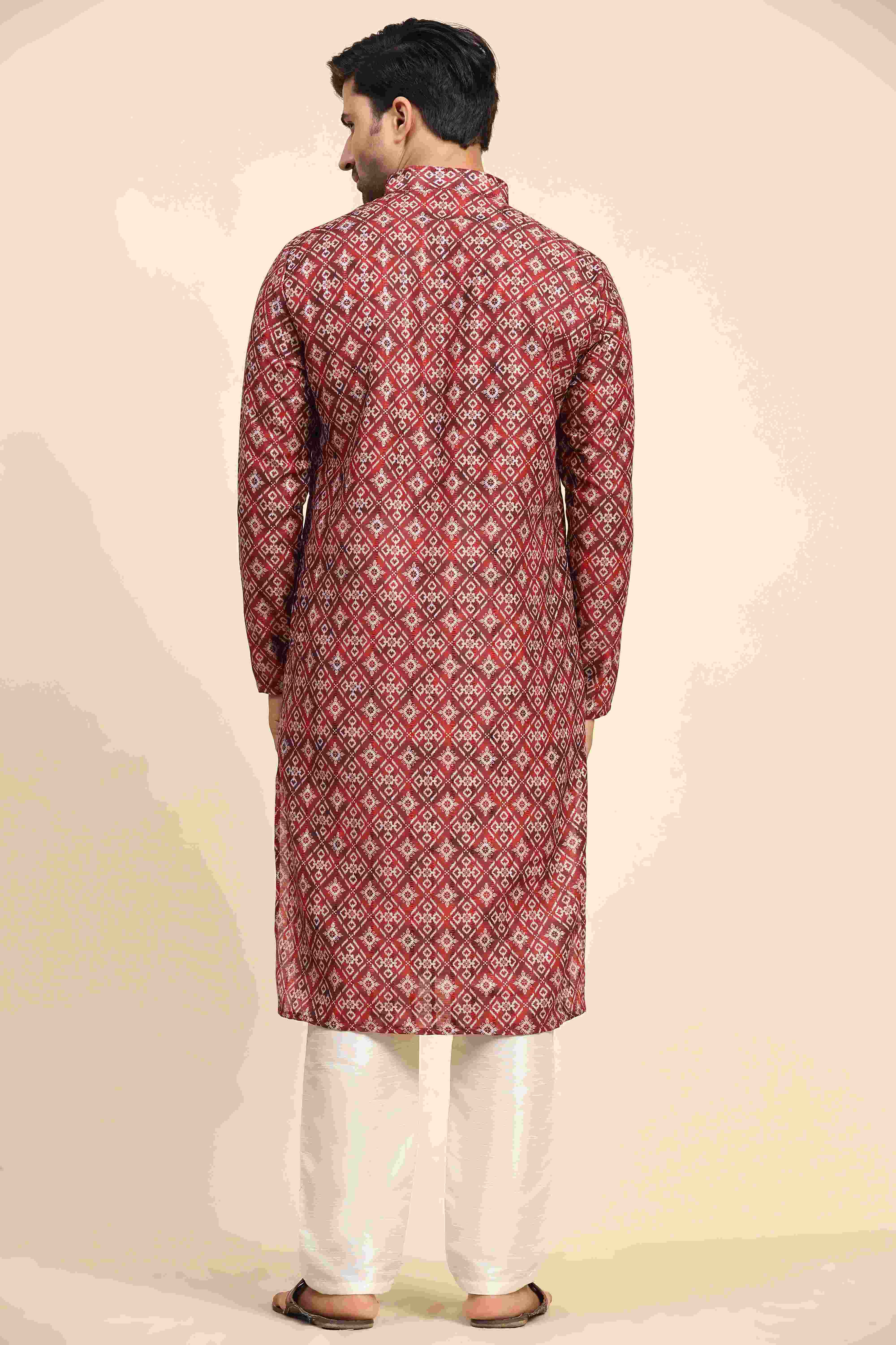 Men's Red Rado Cotton Digital Printed Kurta Pajama Set