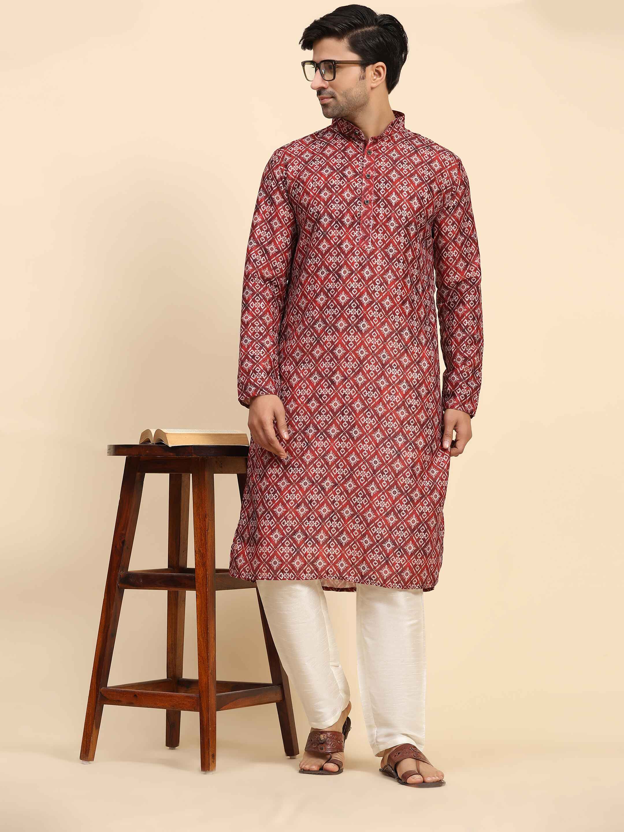 Men's Red Rado Cotton Digital Printed Kurta Pajama Set