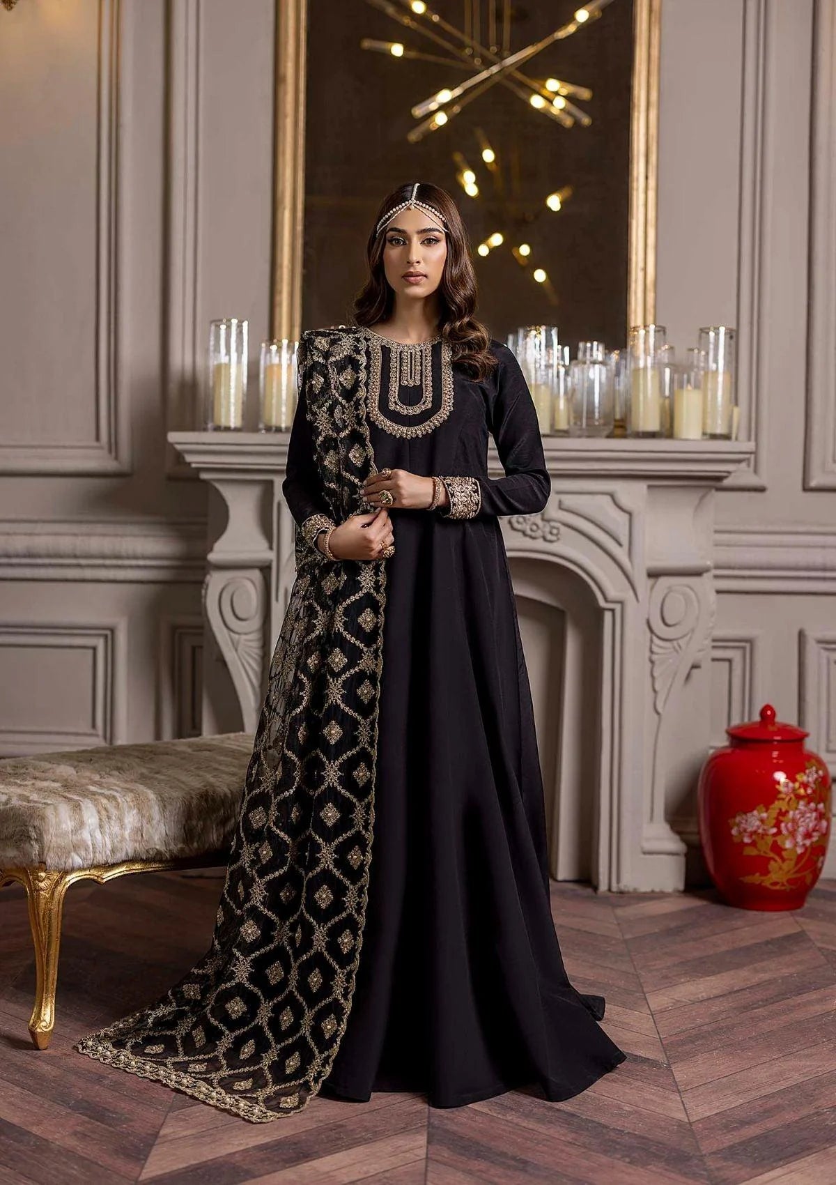 Black Raw Silk Handwork Salwar Suit With Net Dupatta