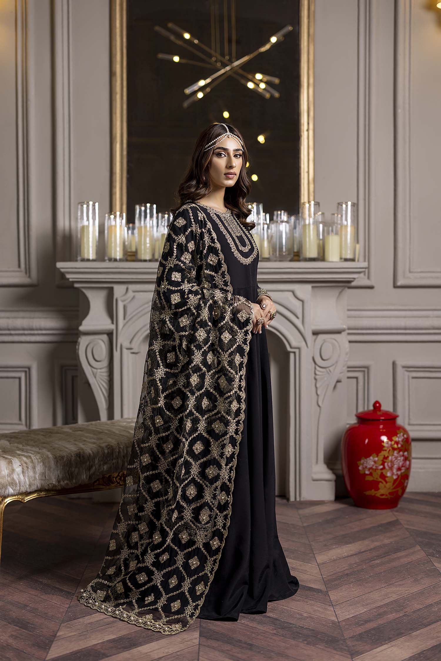 Black Raw Silk Handwork Salwar Suit With Net Dupatta