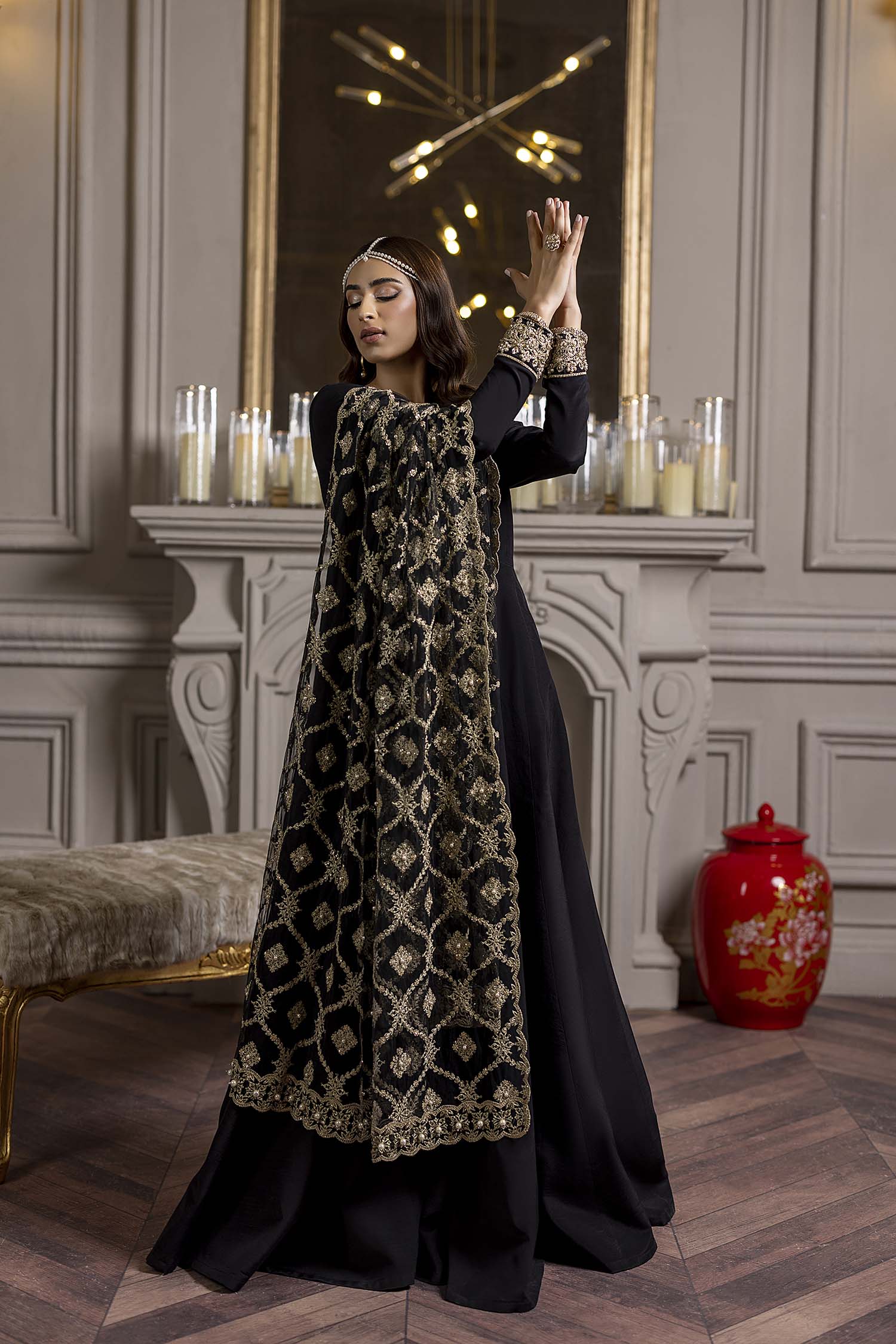 Black Raw Silk Handwork Salwar Suit With Net Dupatta