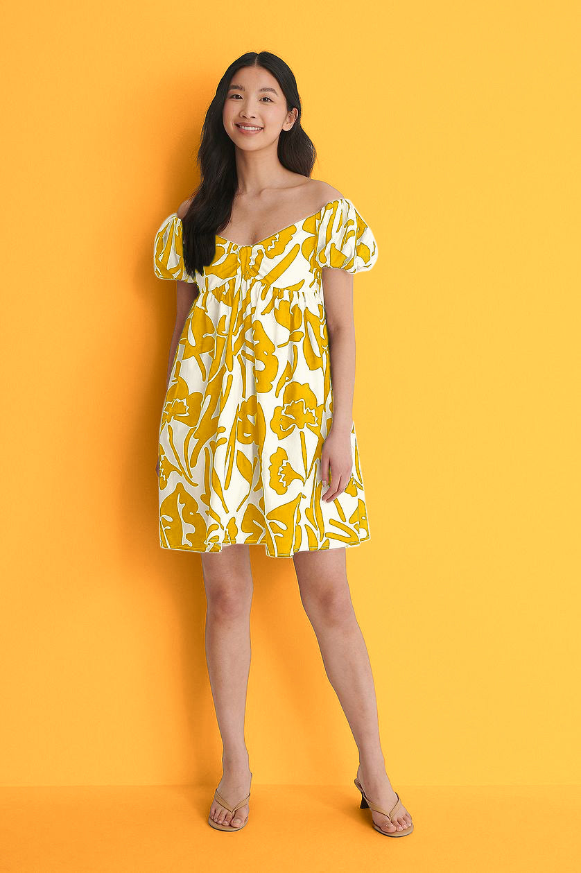 Mustard Off Shoulder Mini Polyester Dress With Pocket Details