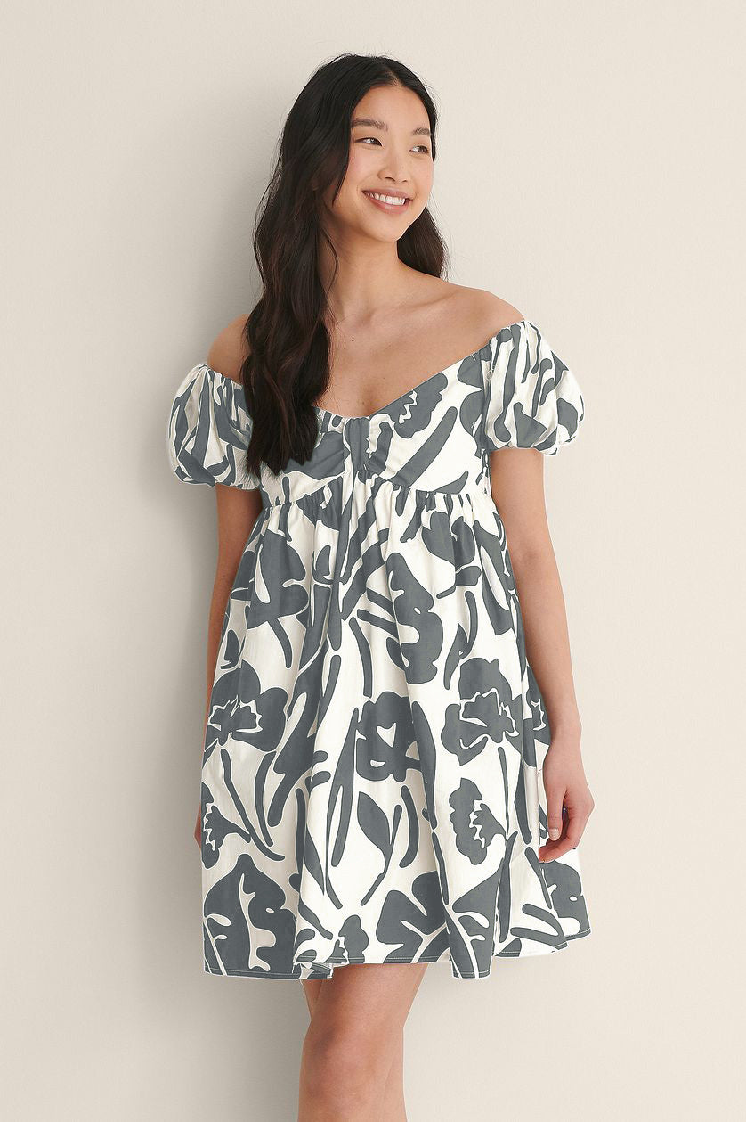 Grey Off Shoulder Mini Polyester Dress With Pocket Details