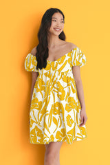 Mustard Off Shoulder Mini Polyester Dress With Pocket Details