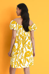 Mustard Off Shoulder Mini Polyester Dress With Pocket Details