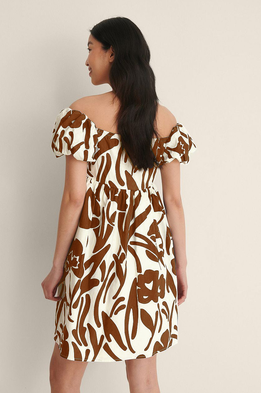 Brown Off Shoulder Mini Polyester Dress With Pocket Details