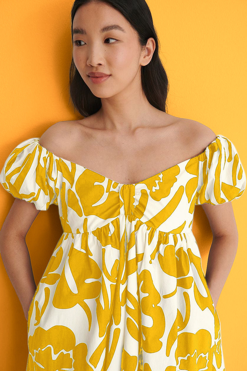 Mustard Off Shoulder Mini Polyester Dress With Pocket Details