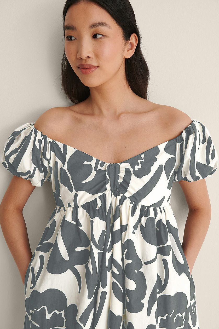 Grey Off Shoulder Mini Polyester Dress With Pocket Details