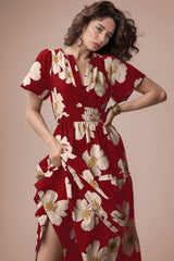 Red Poly Rayon V-Neck Printed Knee Long Casual Dress