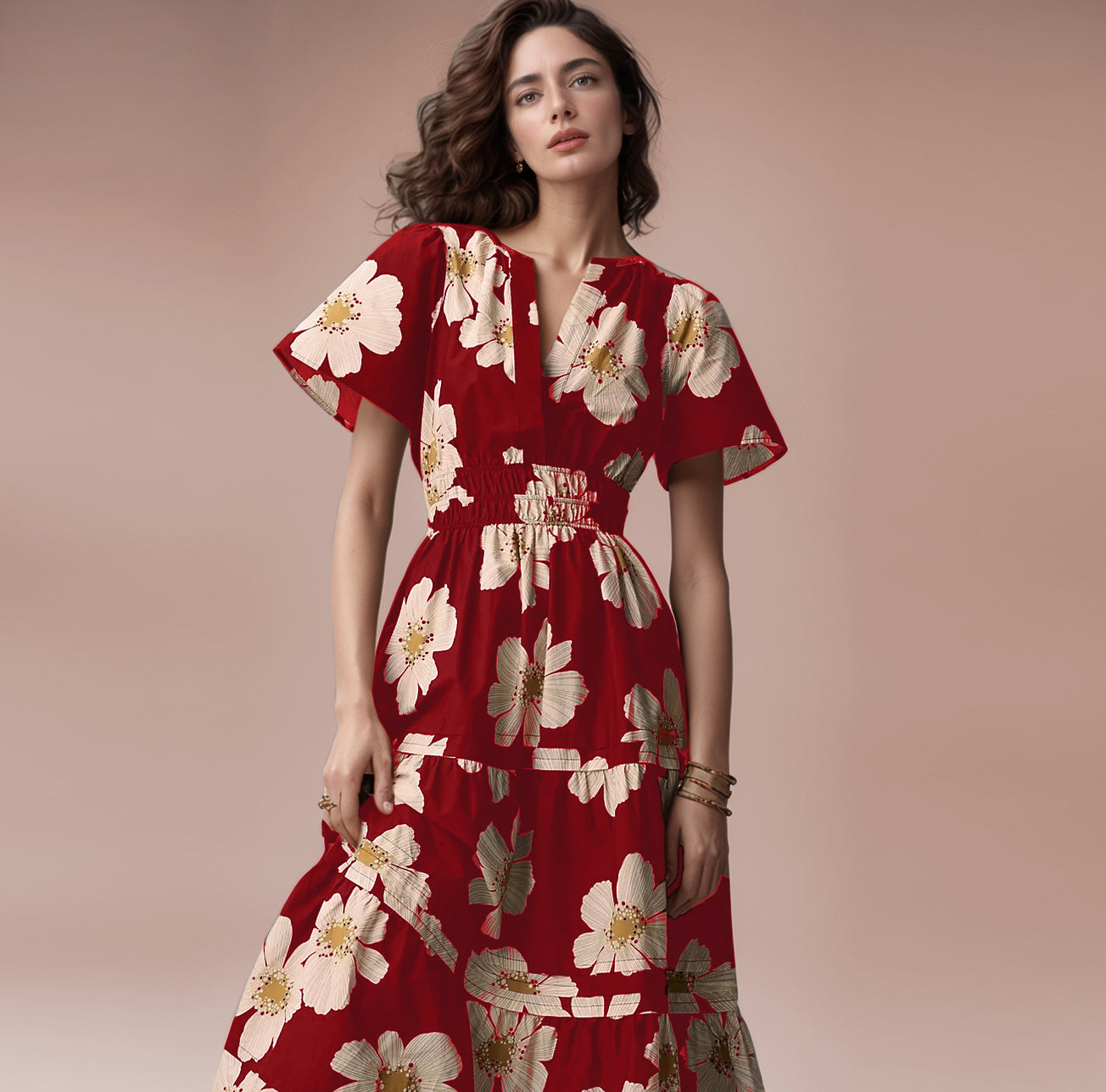 Red Poly Rayon V-Neck Printed Knee Long Casual Dress