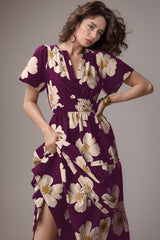 Wine Poly Rayon V-Neck Printed Knee Long Casual Dress