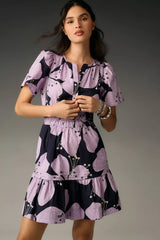 Violet Poly Rayon Round Neck Printed Mini Casual Dress