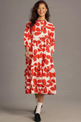 Off White Poly Rayon Puff Sleeves Collar Printed Casual Dress