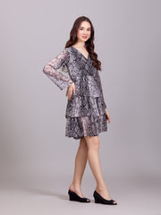 Grey V-Neck Poly Rayon Printed Dress With Puff Sleeves