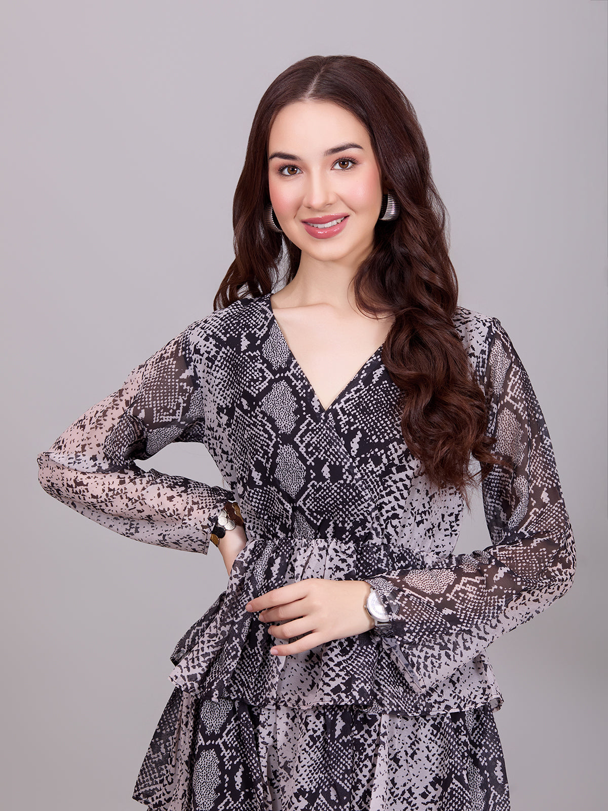 Grey V-Neck Poly Rayon Printed Dress With Puff Sleeves