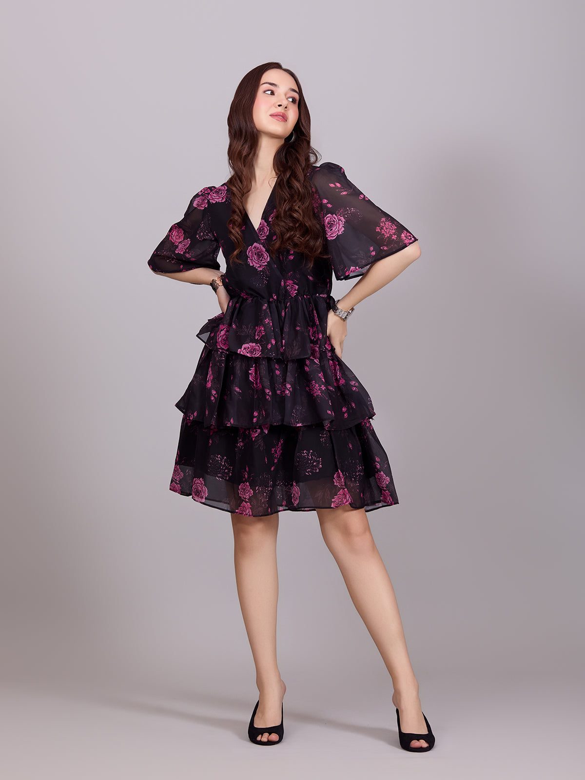 Black V-Neck Poly Rayon Printed Dress With Bell Sleeve