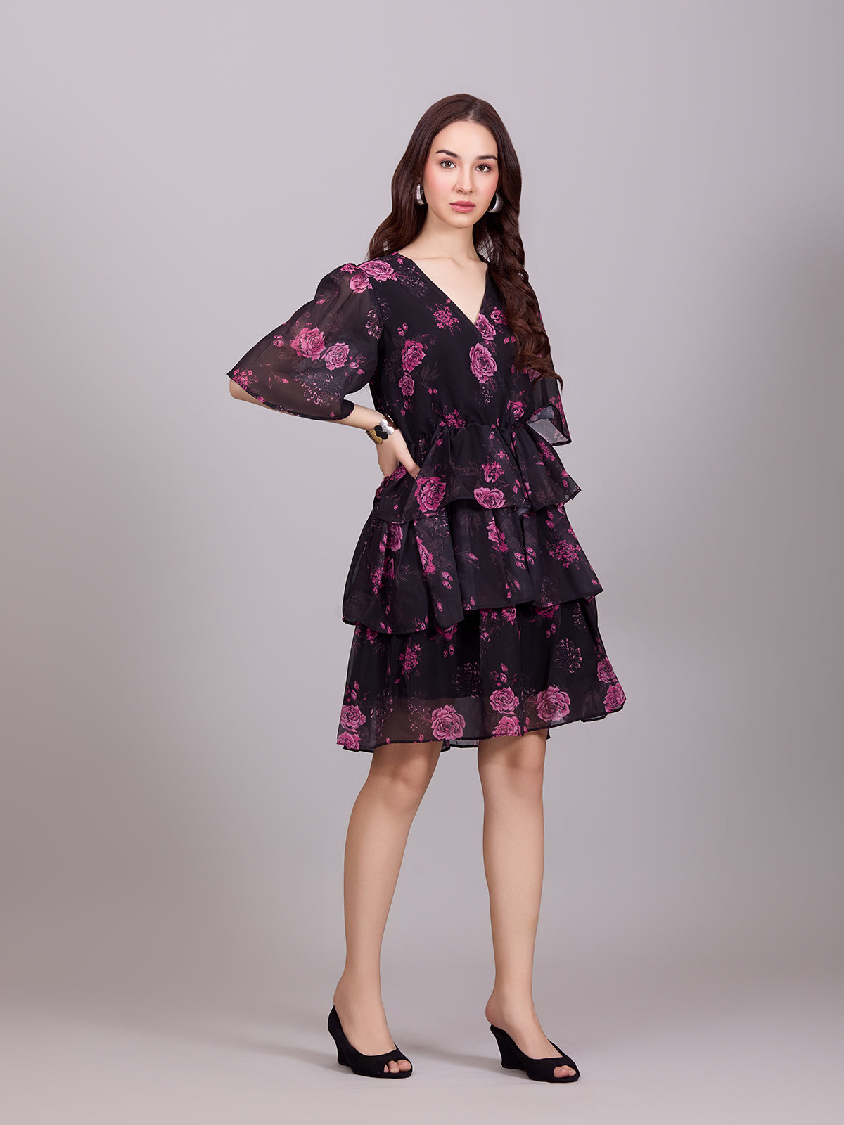 Black V-Neck Poly Rayon Printed Dress With Bell Sleeve