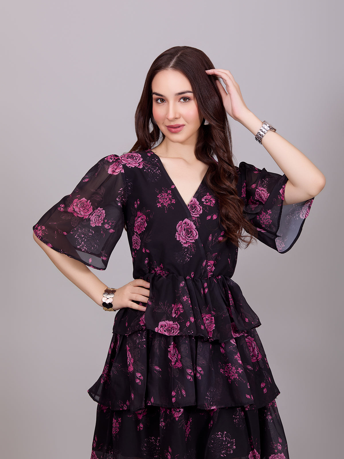 Black V-Neck Poly Rayon Printed Dress With Bell Sleeve