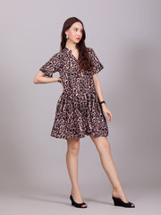 Brown V-Neck Poly Rayon Printed Dress With Cuff Sleeve