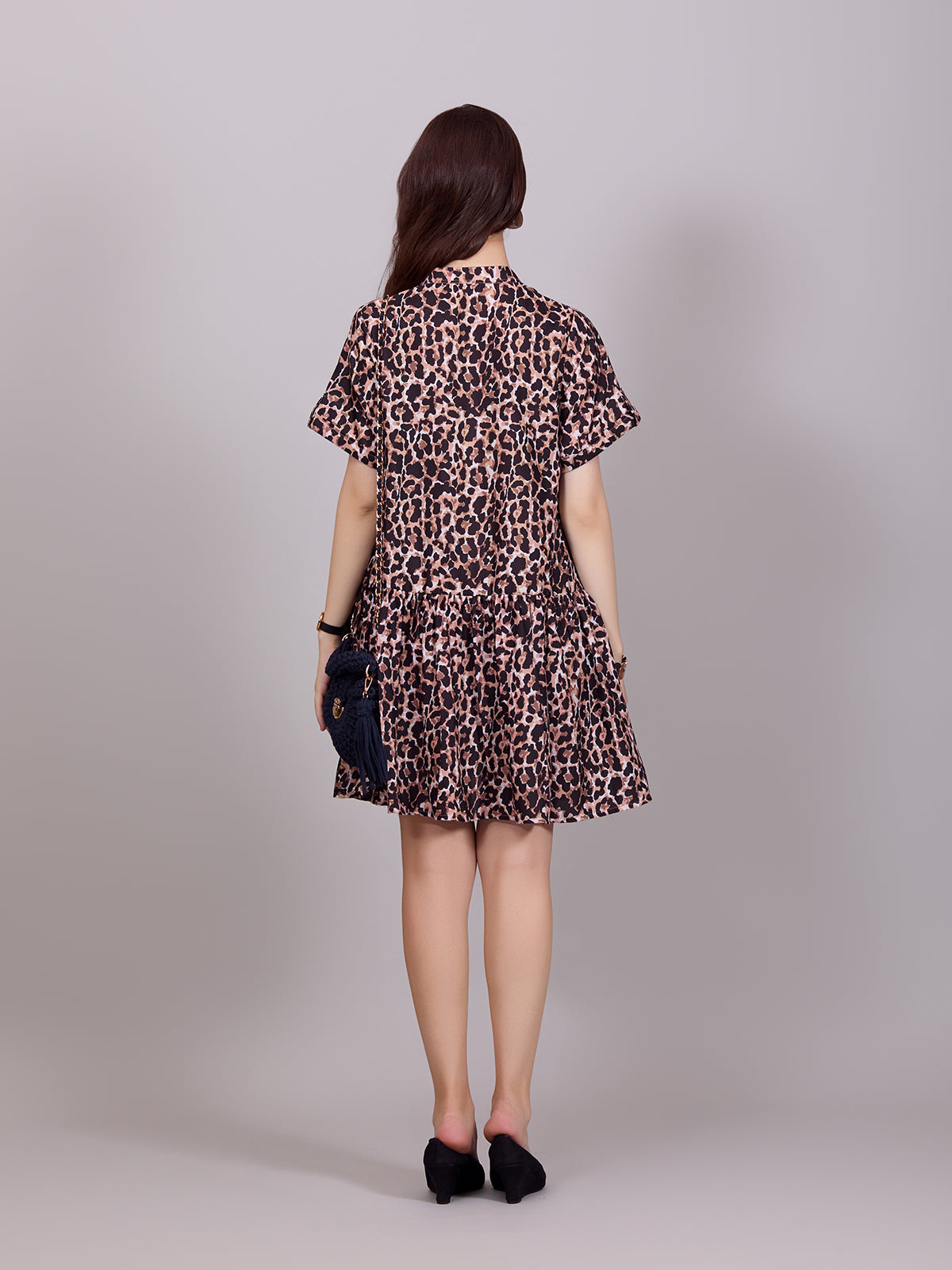 Brown V-Neck Poly Rayon Printed Dress With Cuff Sleeve