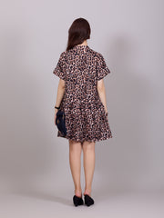 Brown V-Neck Poly Rayon Printed Dress With Cuff Sleeve