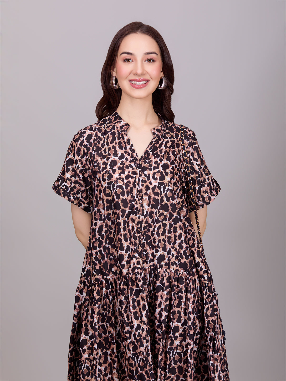 Brown V-Neck Poly Rayon Printed Dress With Cuff Sleeve