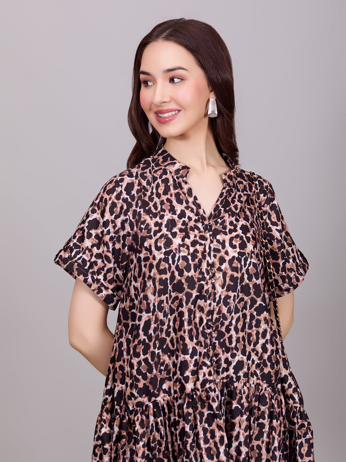 Brown V-Neck Poly Rayon Printed Dress With Cuff Sleeve