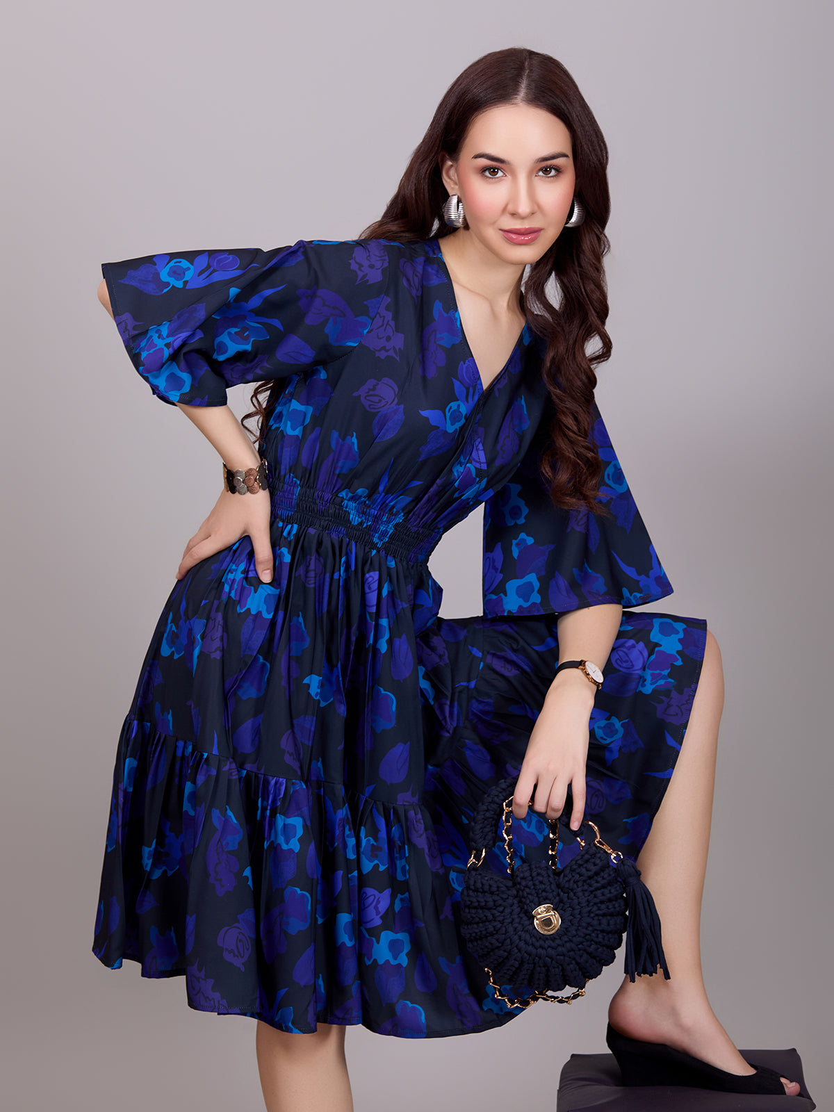 Blue V-Neck Poly Rayon Printed Dress With Kaftan Sleeve